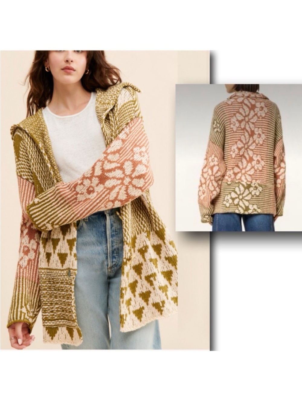 Free People Tate Cardigan - Olive Green & Coral